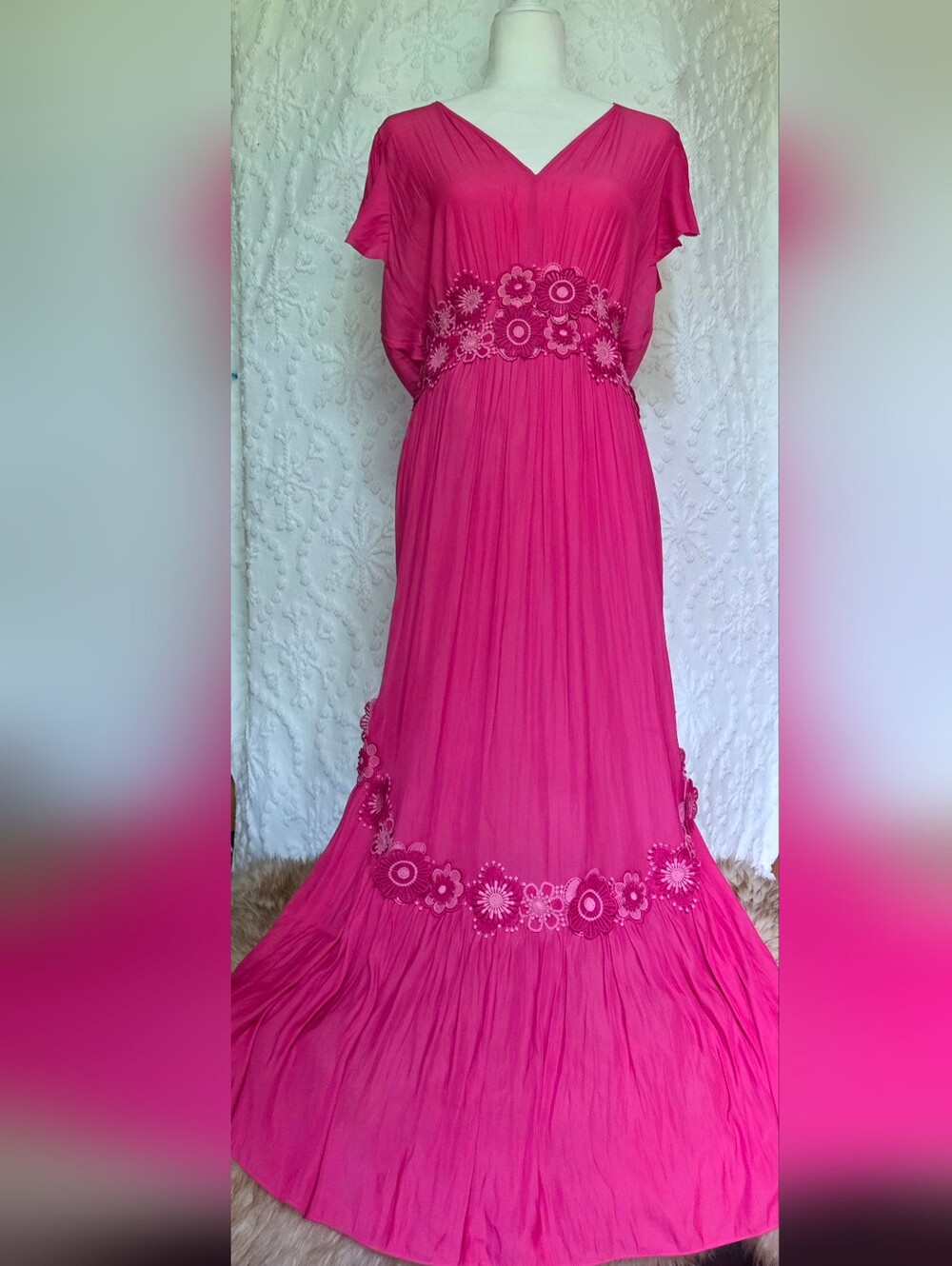 Bright Fuchsia Floral Embroidered Maxi Dress